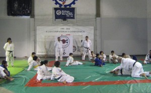 Campo de entrenamiento por la tarde. Judokas atentos al desarrollo de una técnica.